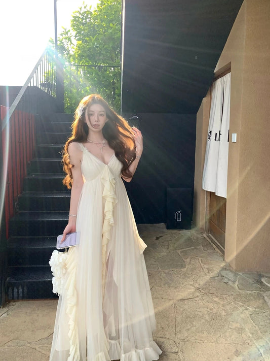 V Neck A Line Ruffled Wedding Dress Open Back Birthday Gown   P1406