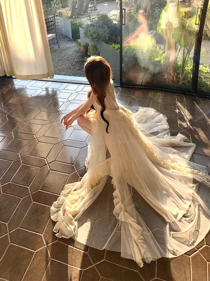 V Neck A Line Ruffled Wedding Dress Open Back Birthday Gown   P1406