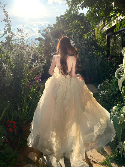 V Neck A Line Ruffled Wedding Dress Open Back Birthday Gown   P1406
