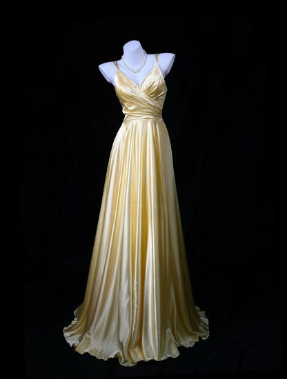 V Neck A Line Satin Prom Dress Formal Wedding Guest Dress   P2003