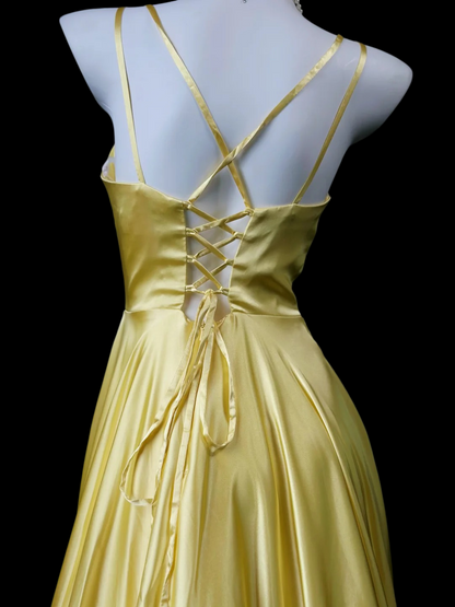 V Neck A Line Satin Prom Dress Formal Wedding Guest Dress   P2003
