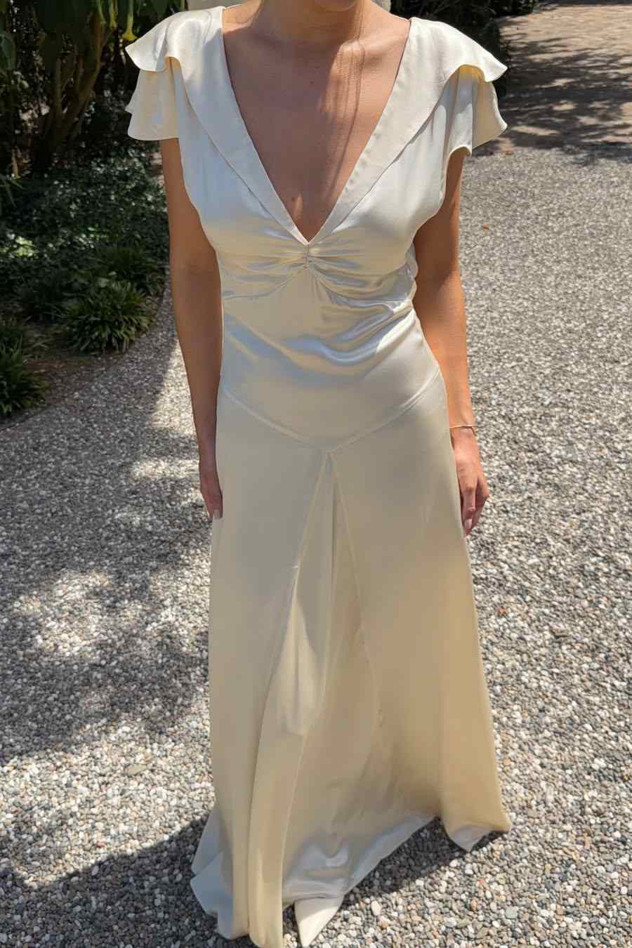 V Neck Backless A Line Satin Prom Dress Ruffled Wedding Guest Dress  P1004