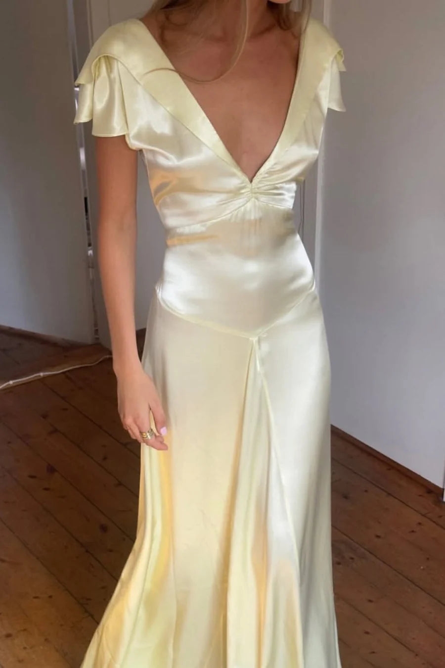 V Neck Backless A Line Satin Prom Dress Ruffled Wedding Guest Dress  P1004