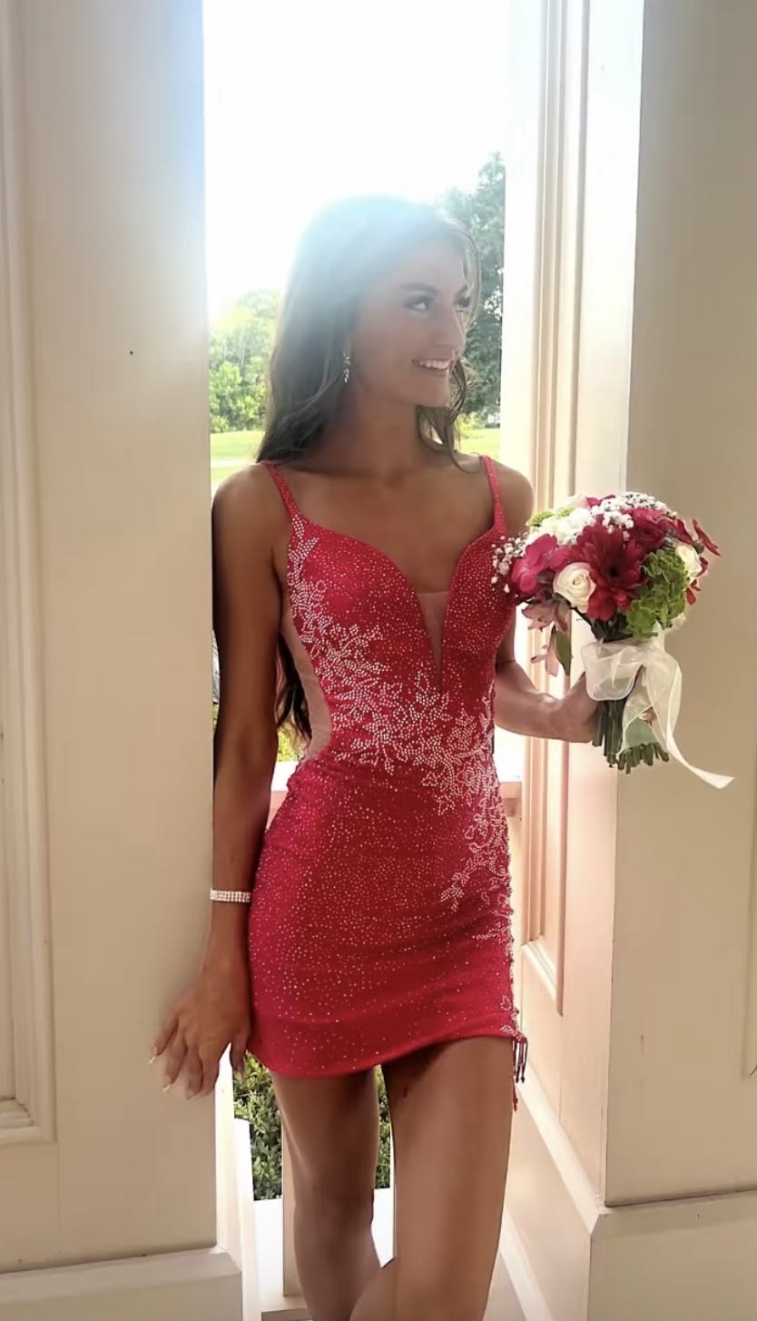 V Neck Beaded Red Sheath Mini Homecoming Dress  P2342
