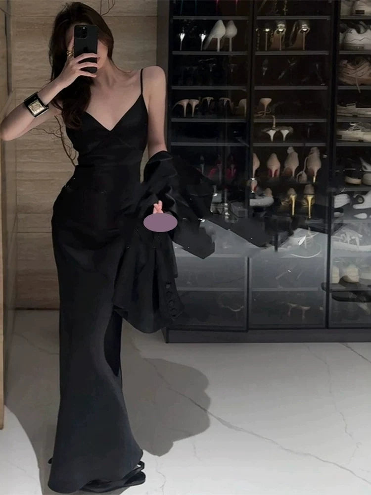 V Neck Black Satin Mermaid Formal Prom Dress Spaghetti Straps Evening Dress  P1740