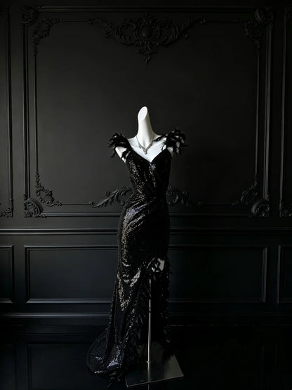 V Neck Black Sequin Mermaid Prom Dress With Feather Straps  P1669