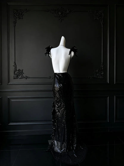 V Neck Black Sequin Mermaid Prom Dress With Feather Straps  P1669