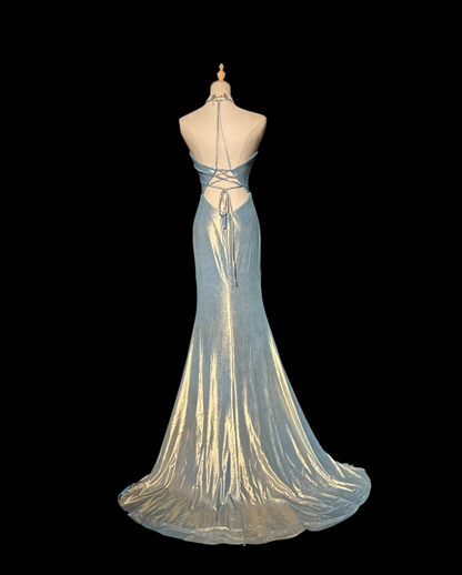 V Neck Blue Mermaid Formal Prom Dress Backless Evening Gown  P1987