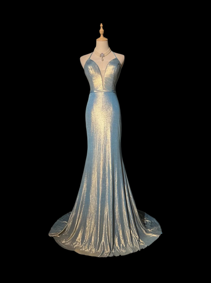 V Neck Blue Mermaid Formal Prom Dress Backless Evening Gown  P1987