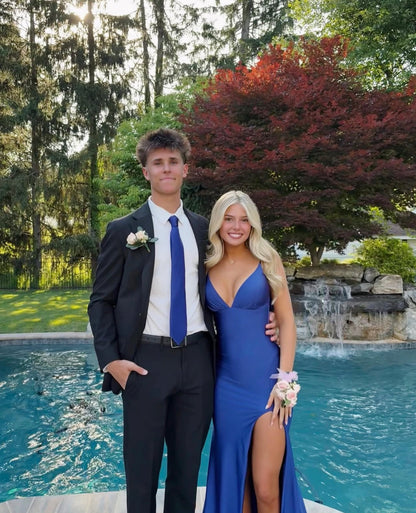 V Neck Blue Mermaid Prom Dress Satin Evening Dress With Slit  P1583