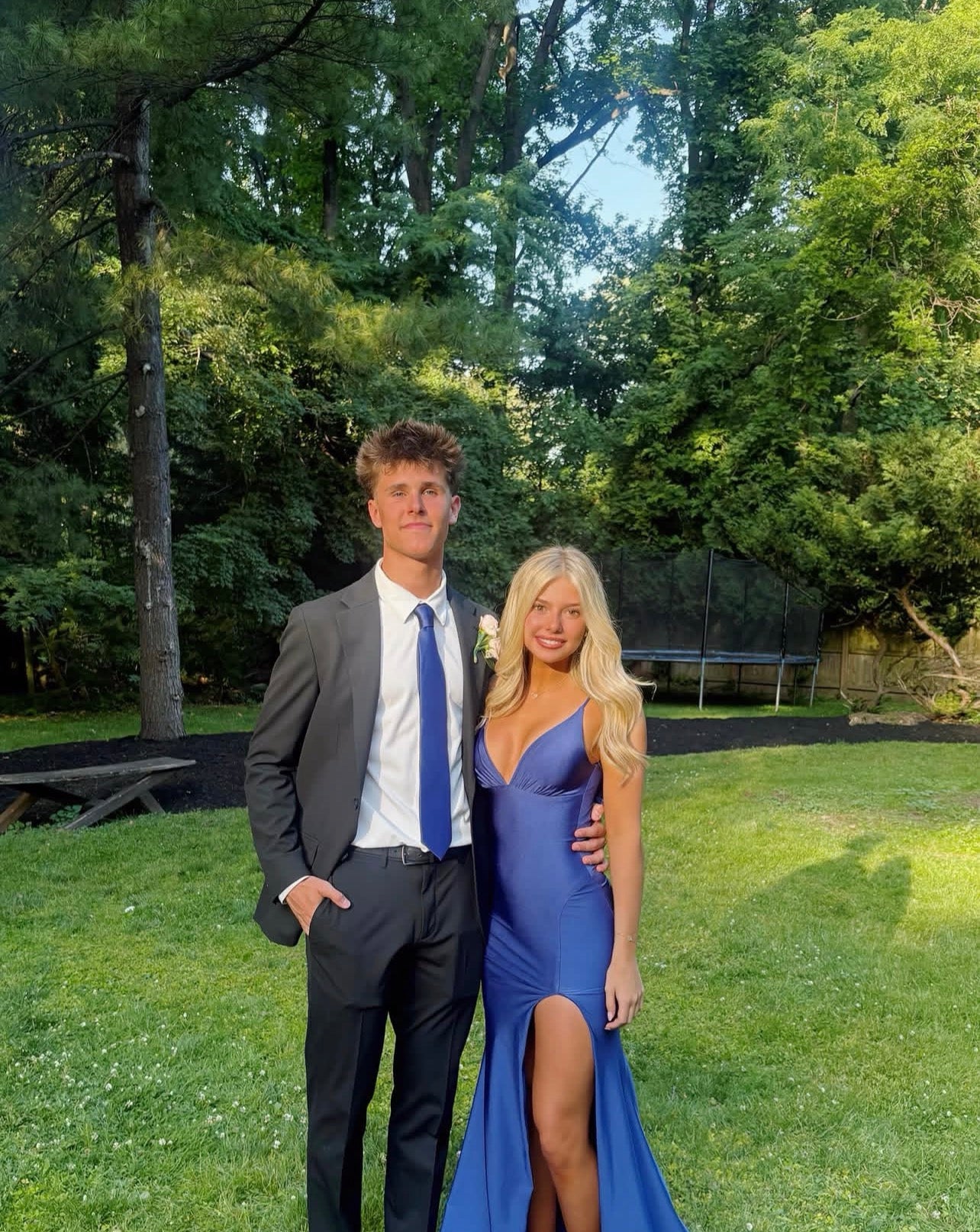 V Neck Blue Mermaid Prom Dress Satin Evening Dress With Slit  P1583