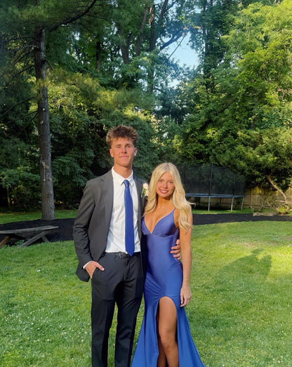 V Neck Blue Mermaid Prom Dress Satin Evening Dress With Slit  P1583