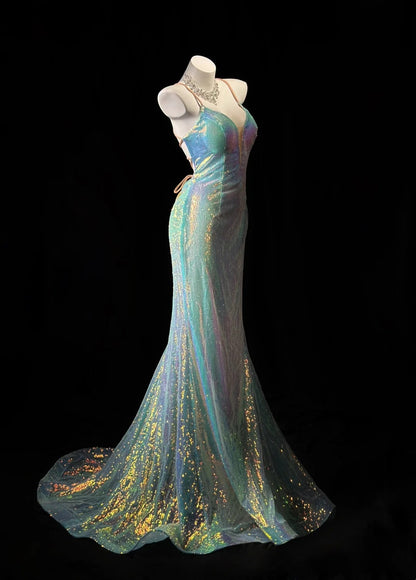 V Neck Blue Mermaid Sequin Prom Dress Sparkle Evening Gown  P1401