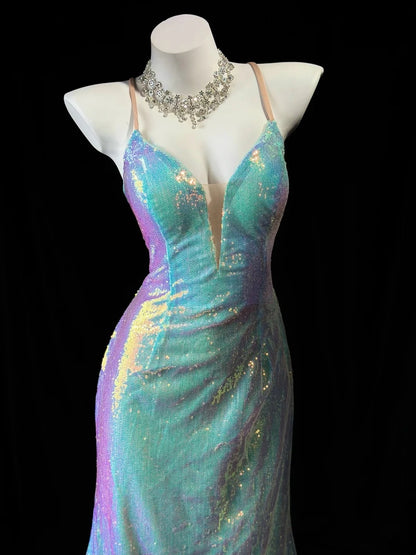 V Neck Blue Mermaid Sequin Prom Dress Sparkle Evening Gown  P1401