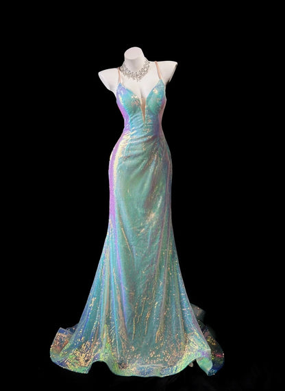 V Neck Blue Mermaid Sequin Prom Dress Sparkle Evening Gown  P1401