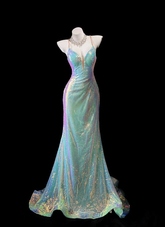 V Neck Blue Mermaid Sequin Prom Dress Sparkle Evening Gown  P1401
