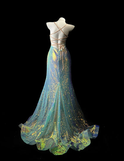 V Neck Blue Mermaid Sequin Prom Dress Sparkle Evening Gown  P1401