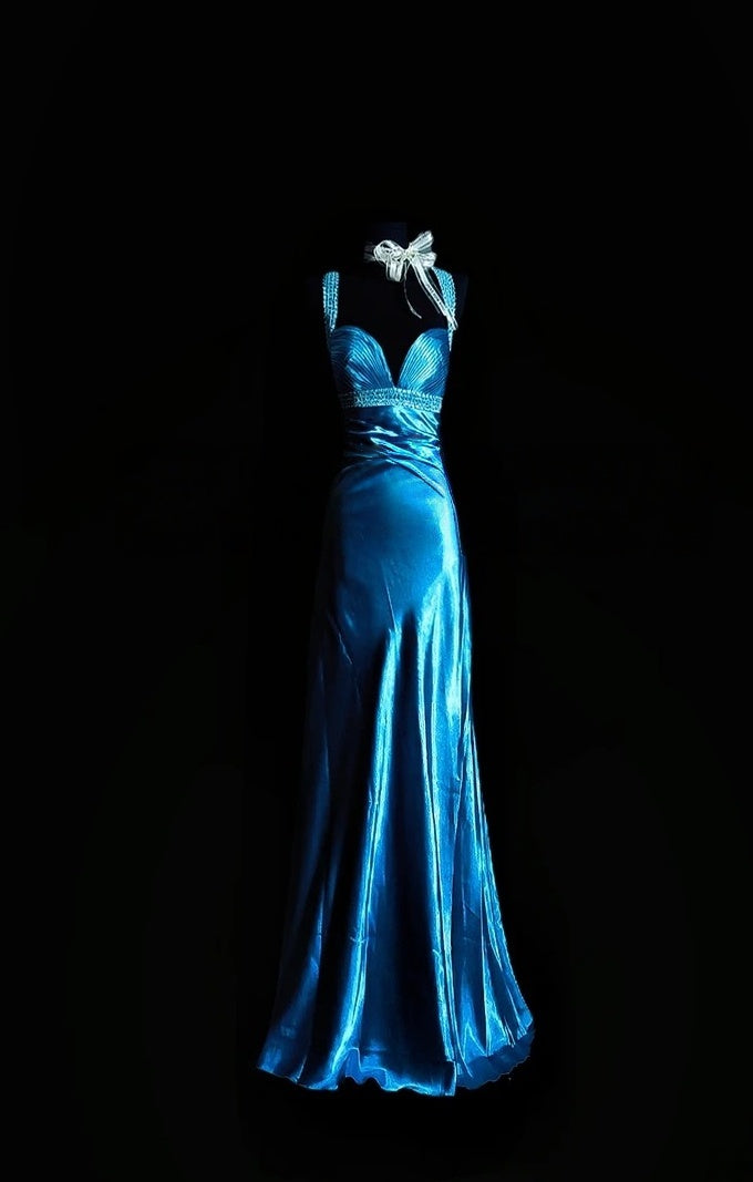 V Neck Blue Satin Formal Prom Dress Beaded Evening Gown   P1771
