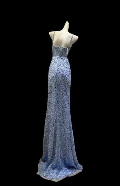 V Neck Blue Sequins Mermaid Formal Prom Dress With Slit  P1984