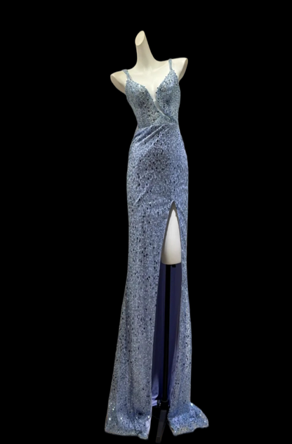 V Neck Blue Sequins Mermaid Formal Prom Dress With Slit  P1984