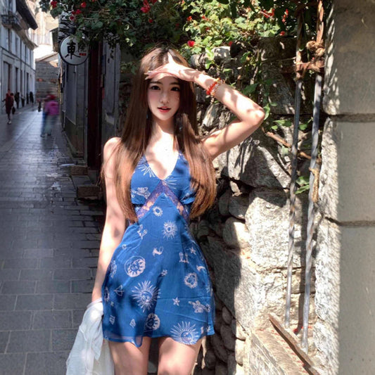 V Neck Blue Short Dress Summer Sheath Outfit   L75