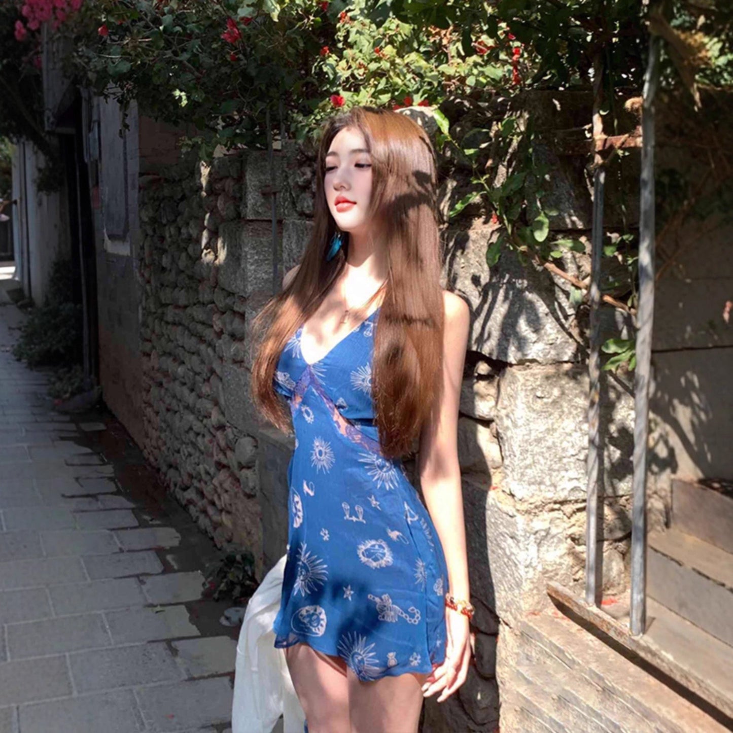V Neck Blue Short Dress Summer Sheath Outfit   L75