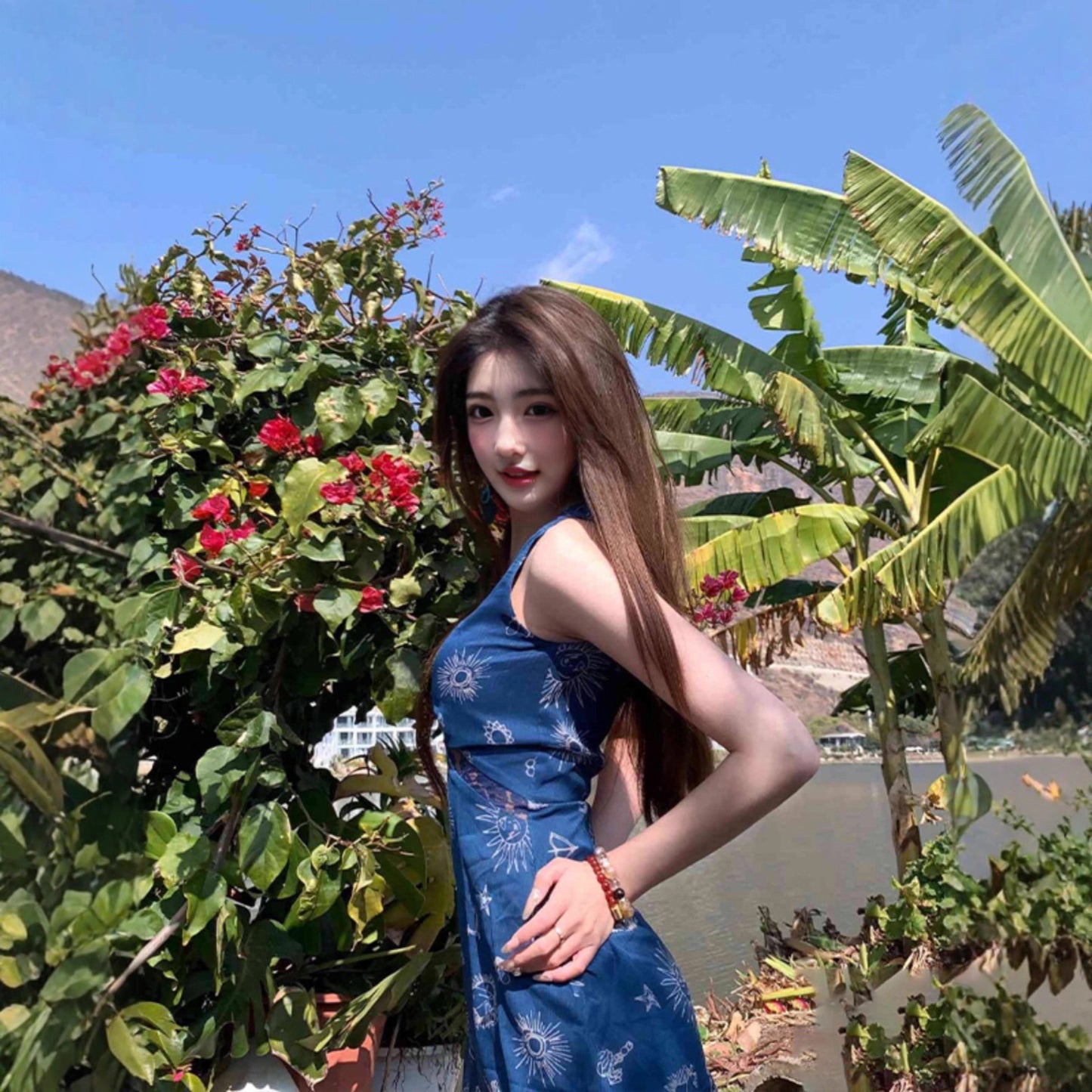 V Neck Blue Short Dress Summer Sheath Outfit   L75