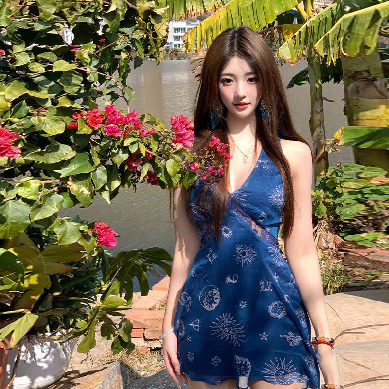 V Neck Blue Short Dress Summer Sheath Outfit   L75