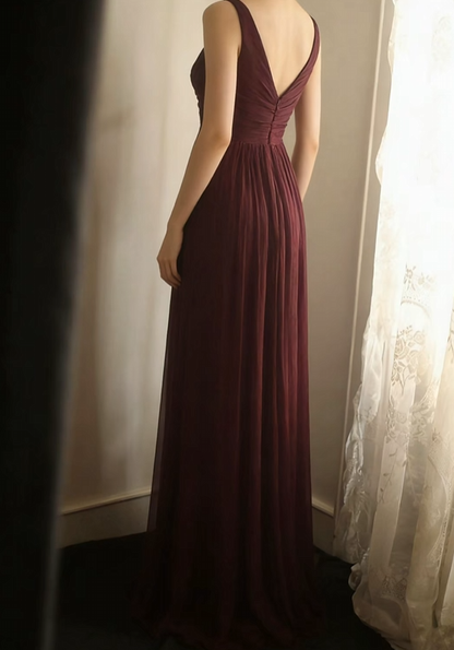 V Neck Burgundy Chiffon Evening Dress Wedding Guest Dress  P1102