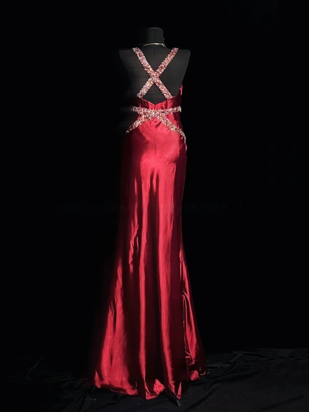 V Neck Burgundy Satin Prom Dress Sequin Straps Evening Dress  P1289