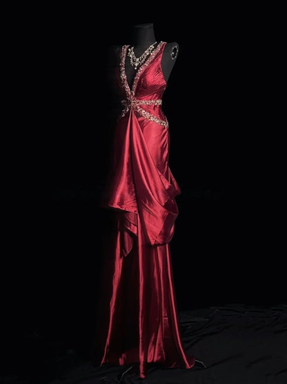 V Neck Burgundy Satin Prom Dress Sequin Straps Evening Dress  P1289