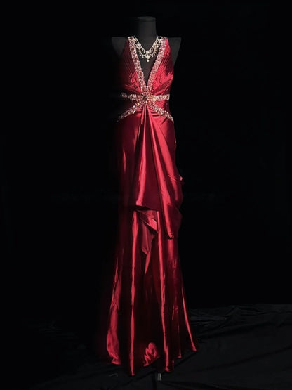 V Neck Burgundy Satin Prom Dress Sequin Straps Evening Dress  P1289