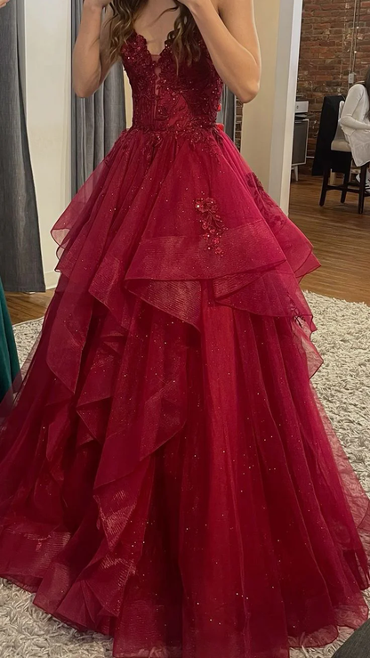 V Neck Burgundy Tulle A Line Prom Dress With Appliques  P910