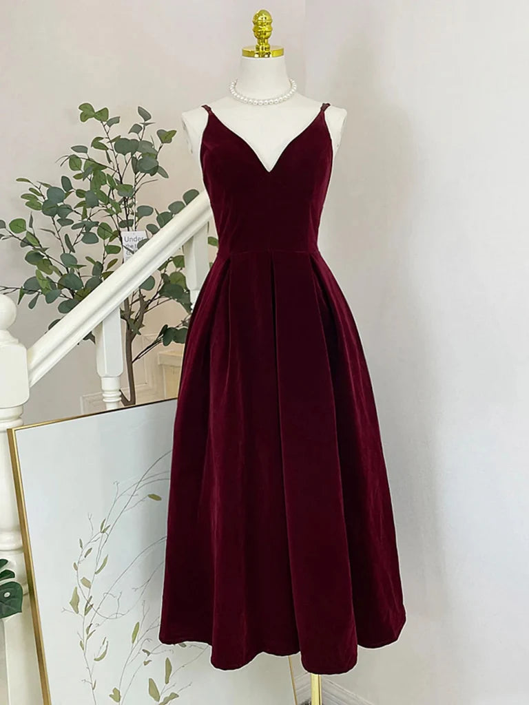 V Neck Burgundy Velvet Prom Dresses Formal Evening Dresses  P2311