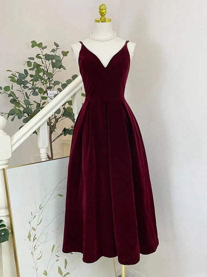 V Neck Burgundy Velvet Prom Dresses Formal Evening Dresses  P2311