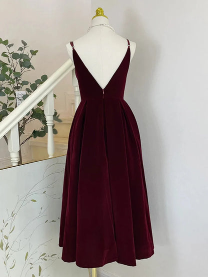 V Neck Burgundy Velvet Prom Dresses Formal Evening Dresses  P2311