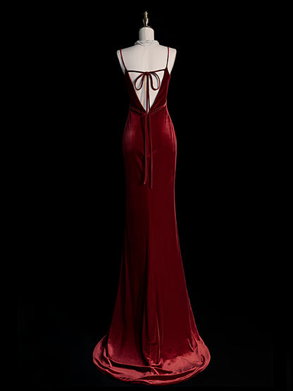 V Neck Burgundy Velvet Prom Dress with Slit Mermaid Evening Dress   P888
