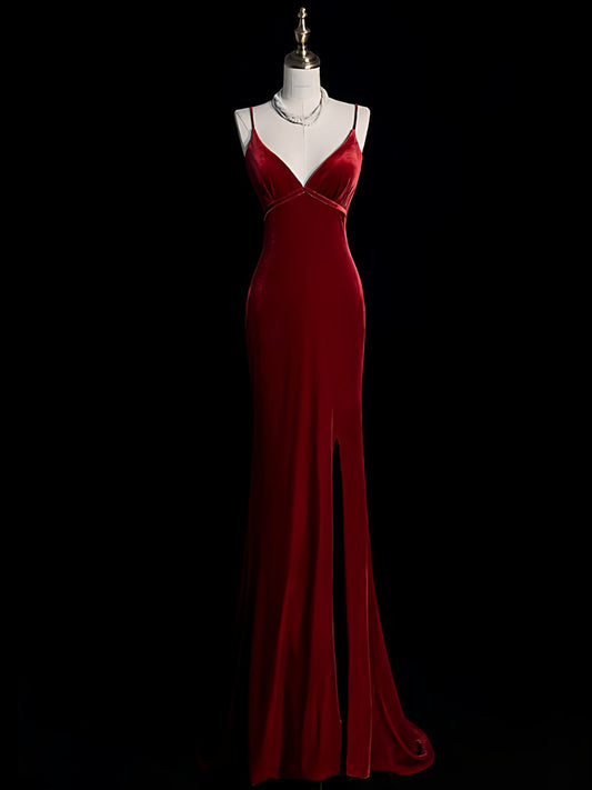 V Neck Burgundy Velvet Prom Dress with Slit Mermaid Evening Dress   P888