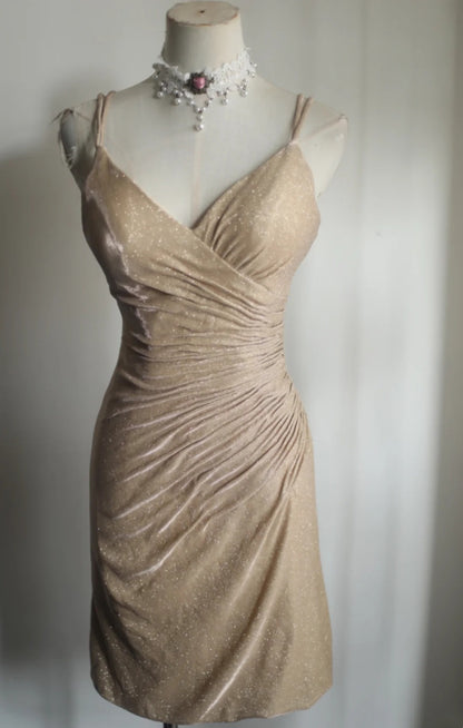V Neck Champagne Sparkle Homecoming Dress Short Birthday Dress  P1506