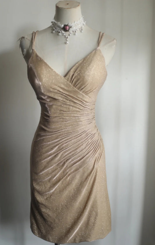 V Neck Champagne Sparkle Homecoming Dress Short Birthday Dress  P1506
