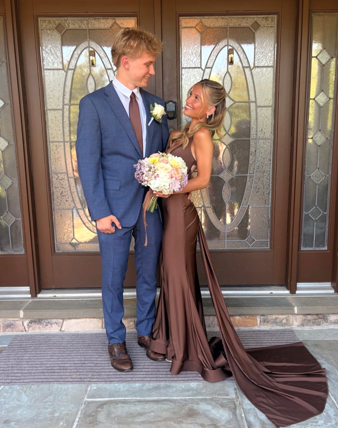 V Neck Coffee Mermaid Prom Dress Open Back Evening Gown  P1586