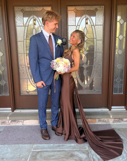 V Neck Coffee Mermaid Prom Dress Open Back Evening Gown  P1586
