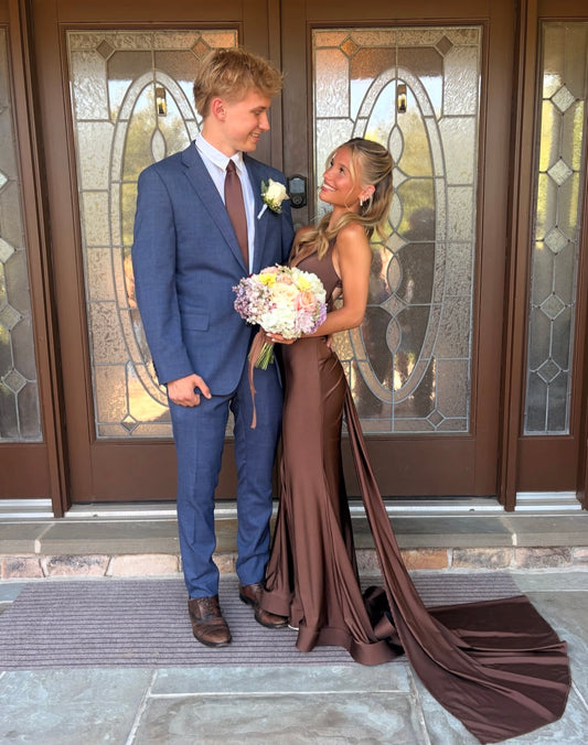 V Neck Coffee Mermaid Prom Dress Open Back Evening Gown  P1586