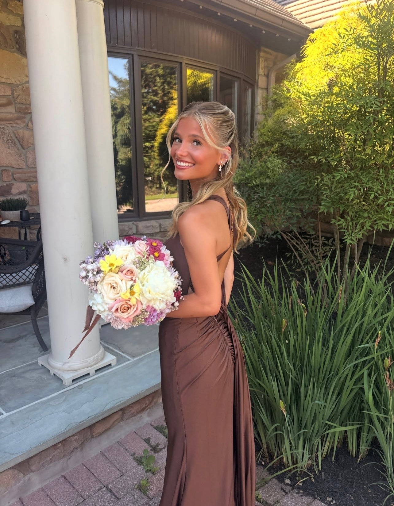 V Neck Coffee Mermaid Prom Dress Open Back Evening Gown  P1586