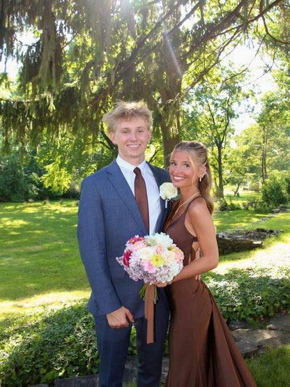 V Neck Coffee Mermaid Prom Dress Open Back Evening Gown  P1586