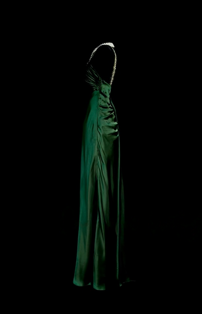 V Neck Emerald Green Satin Prom Dress Elegant Sequins Straps Evening Dress  P884