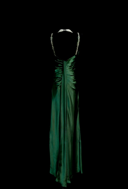 V Neck Emerald Green Satin Prom Dress Elegant Sequins Straps Evening Dress  P884
