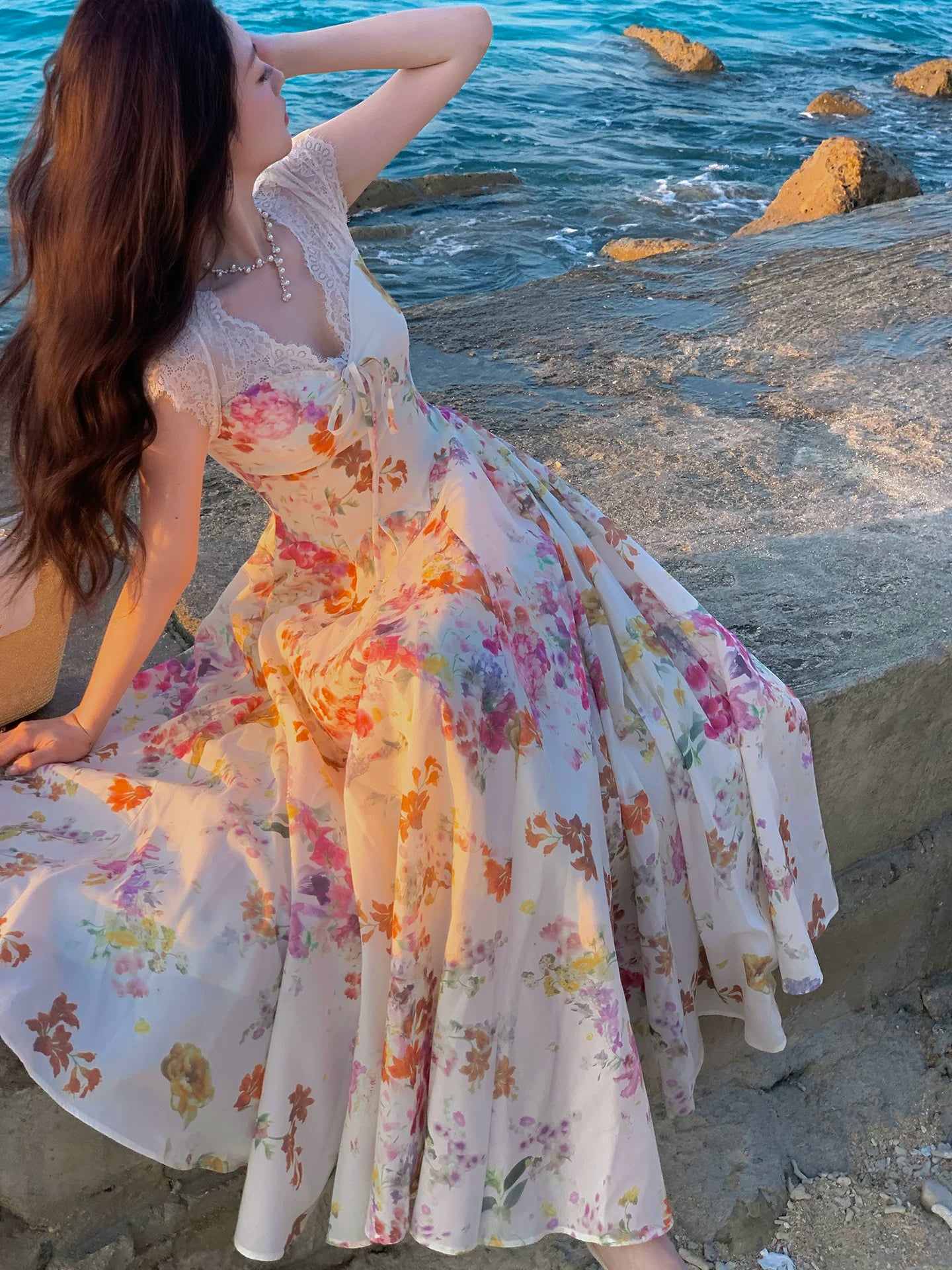 V Neck Flora Summer Dress A Line Long Dress L142