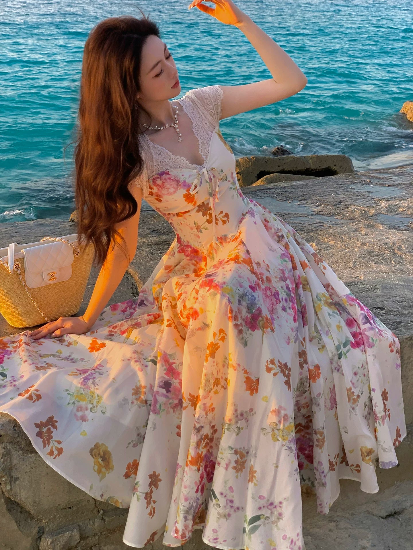 V Neck Flora Summer Dress A Line Long Dress L142