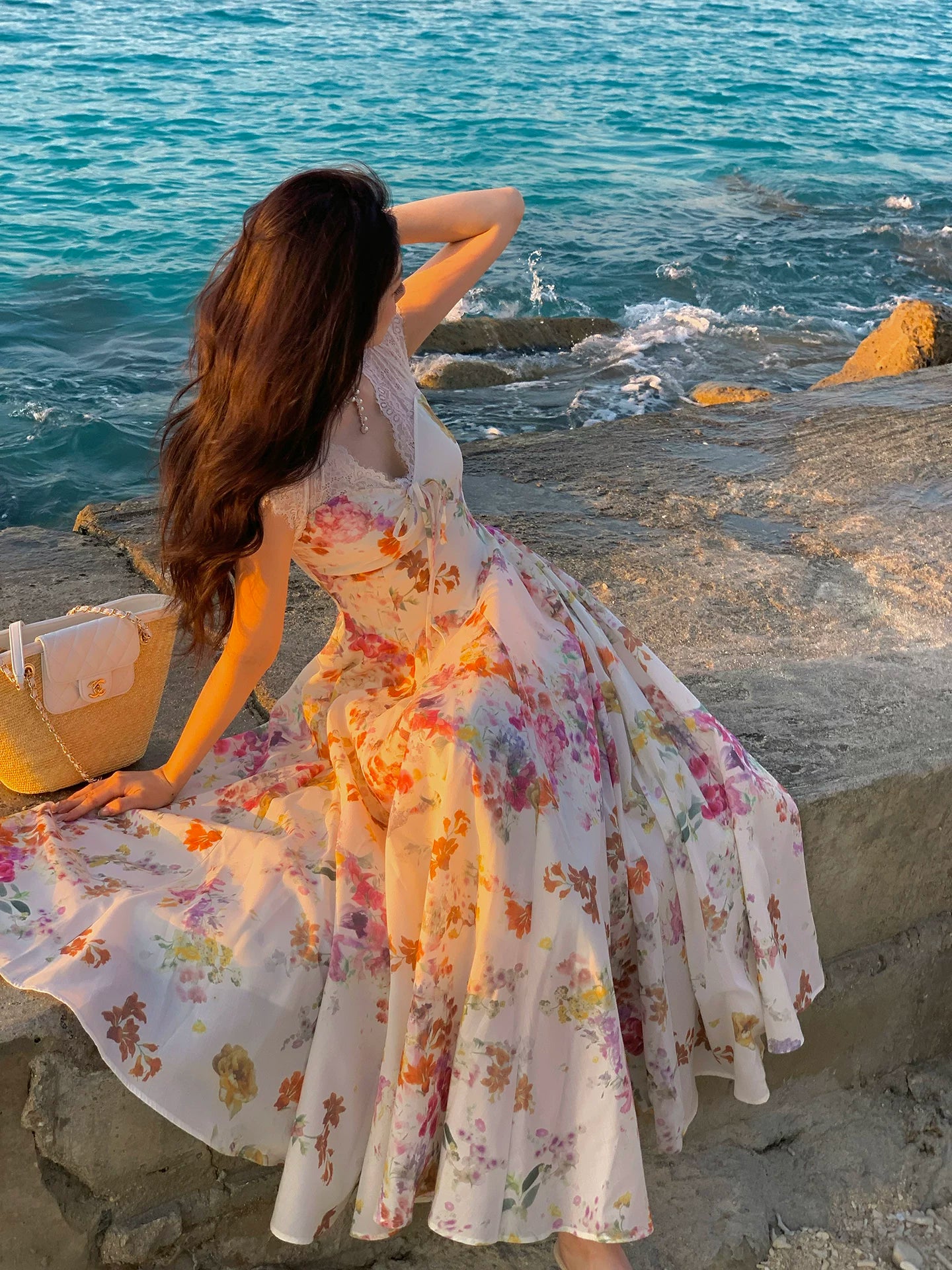 V Neck Flora Summer Dress A Line Long Dress L142